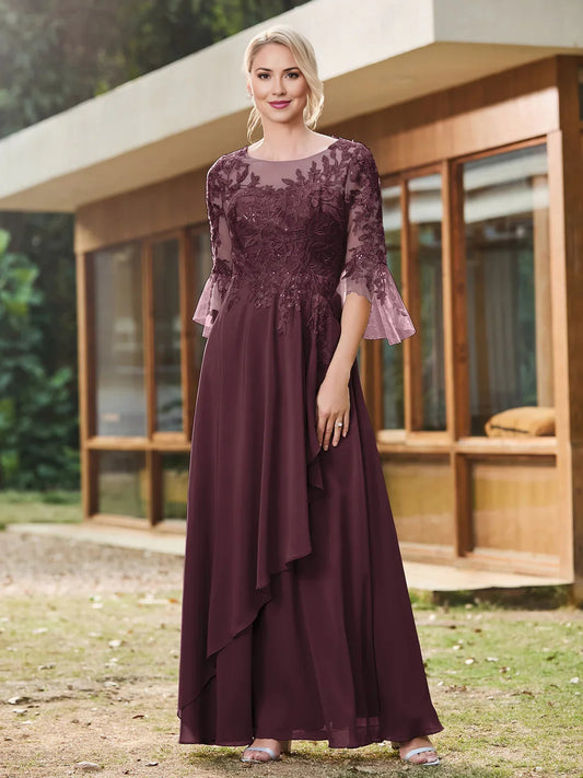 Cabernet floor-length mother of the bride dress, front view showing the a-line silhouette