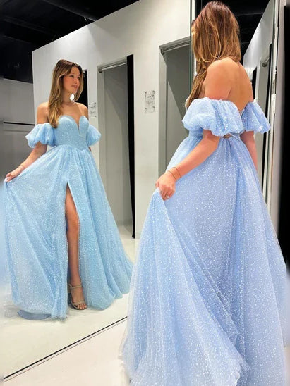 Blue maxi prom dress, front view showing the a-line silhouette