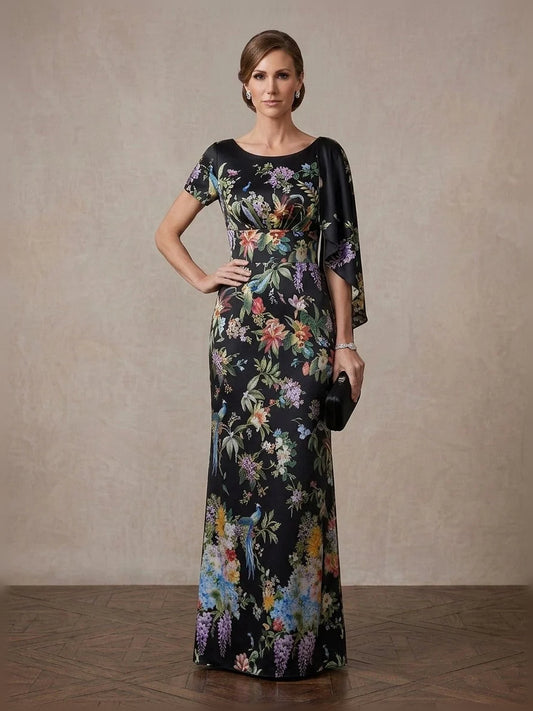 Black floor-length mother of the bride dress, front view showing the sheath silhouette