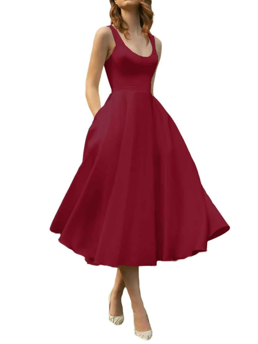 Crimson Red midi bridesmaid dress, front view showing the a-line silhouette