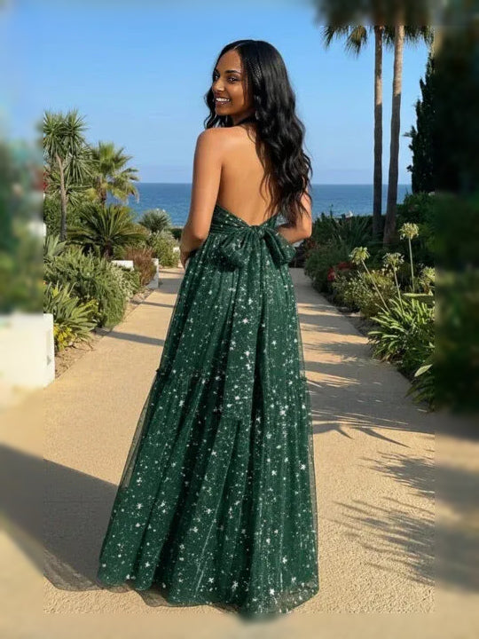 Dark Green maxi prom dress, front view showing the a-line silhouette