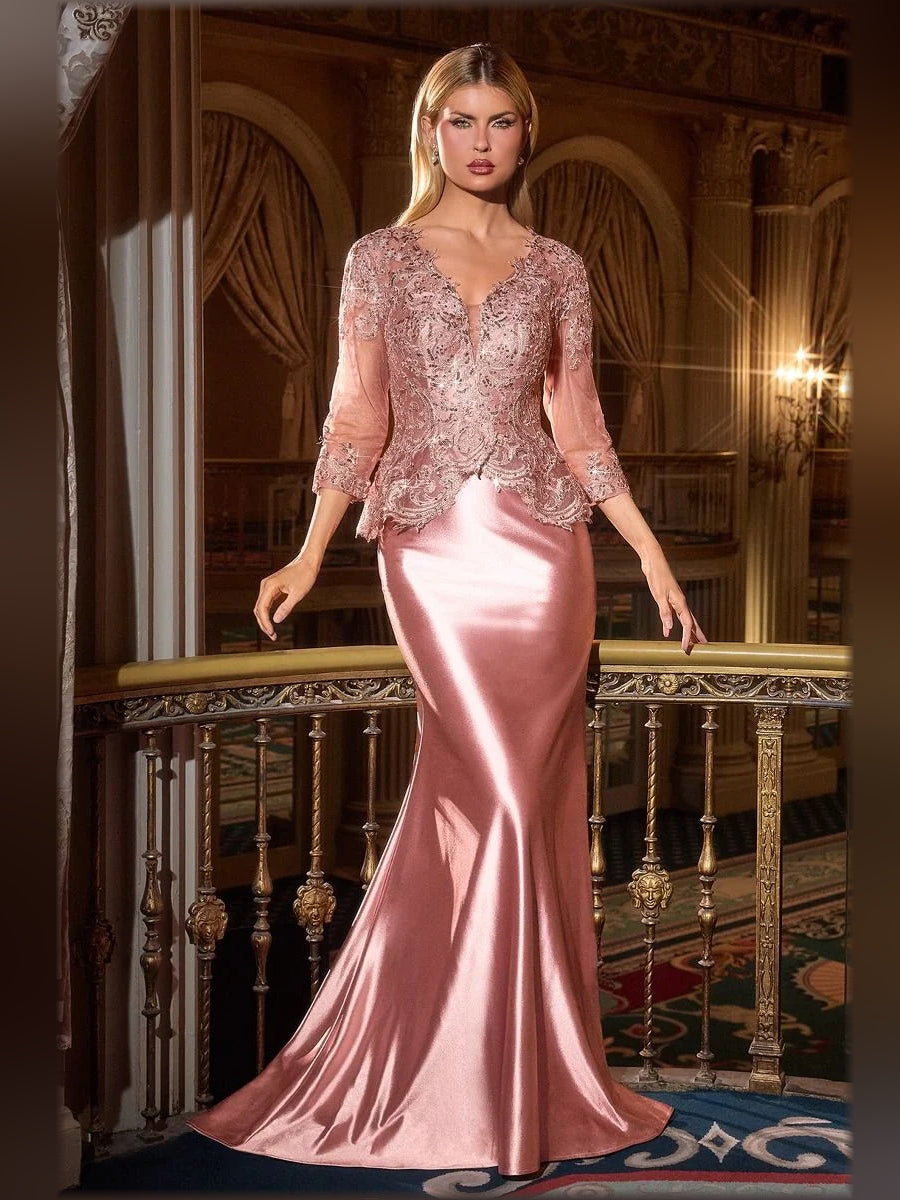 Dusty Rose mermaid floor-length formal dress with V-neckline, full-length front view