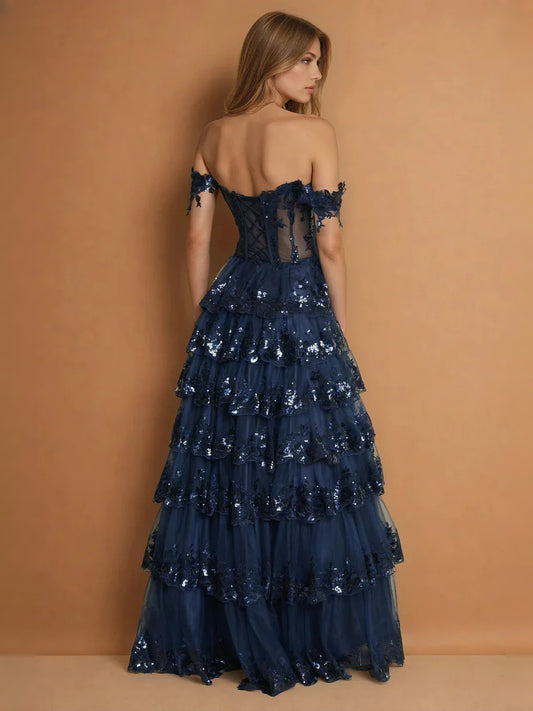 Dark Navy maxi prom dress, front view showing the a-line silhouette