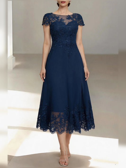Dark Navy short mother of the bride dress, front view showing the a-line silhouette
