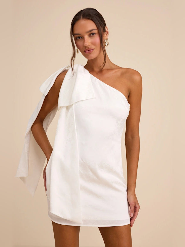 White mini homecoming dress, front view showing the silhouette