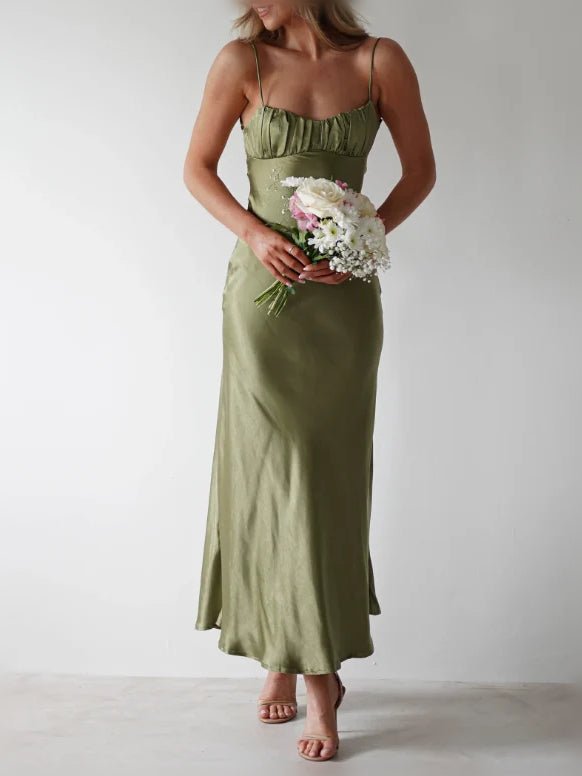 Olive Green maxi bridesmaid dress, front view showing the sheath silhouette