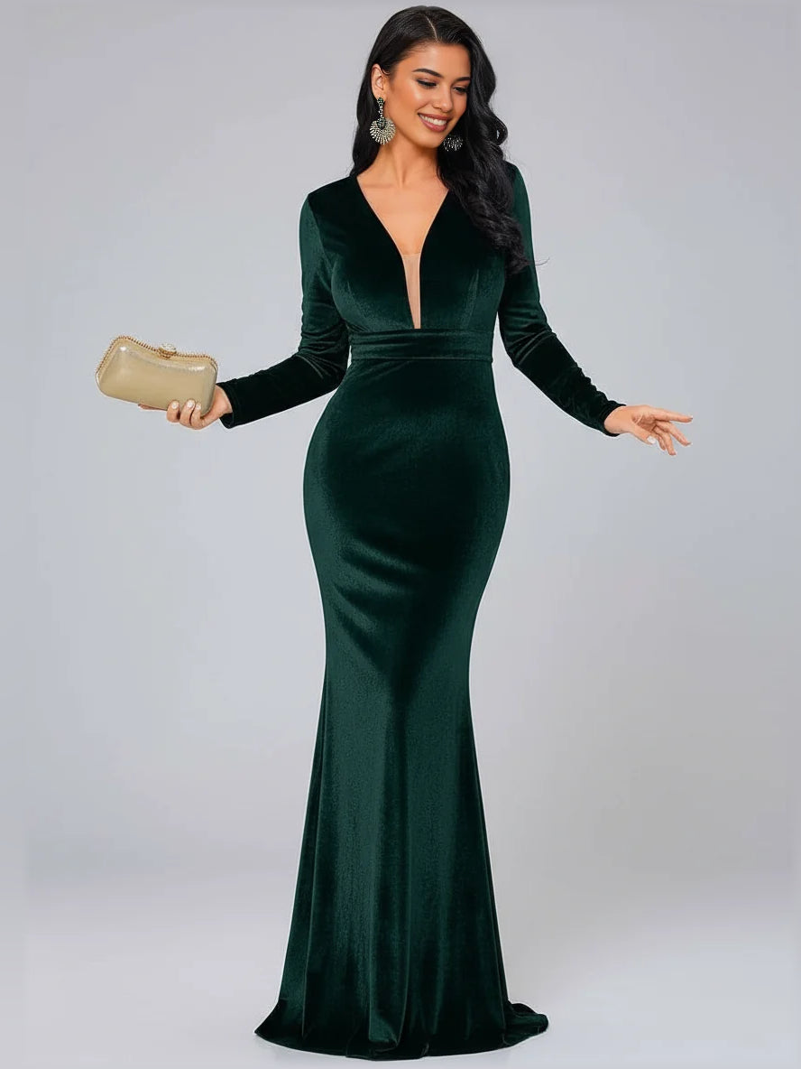 Green mermaid maxi formal dress with V-neckline, full-length front view