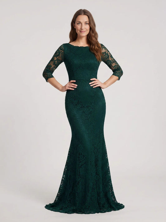 Dark Green floor-length mother of the bride dress, front view showing the mermaid silhouette