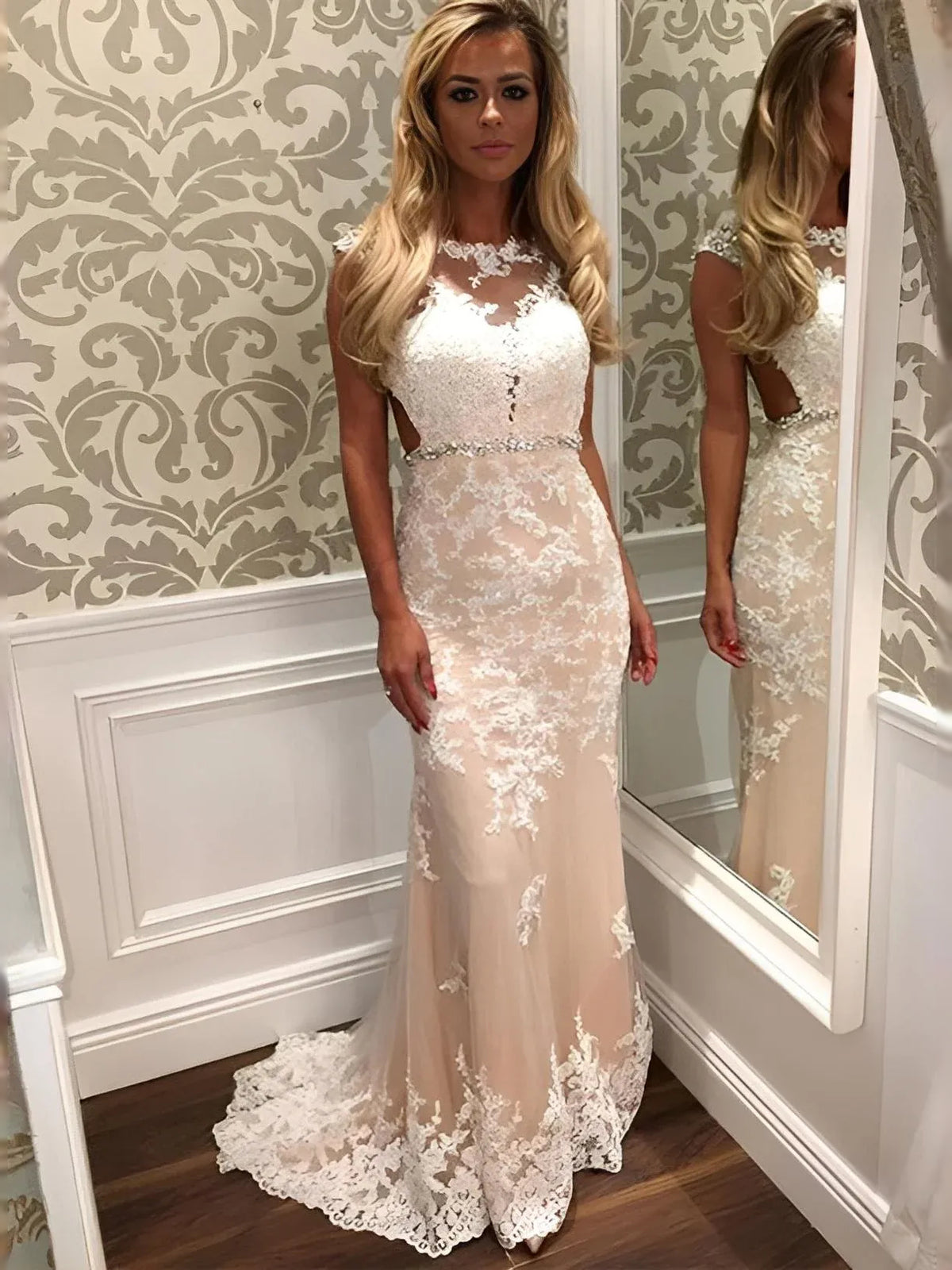 Champagne floor-length prom dress, front view showing the mermaid silhouette
