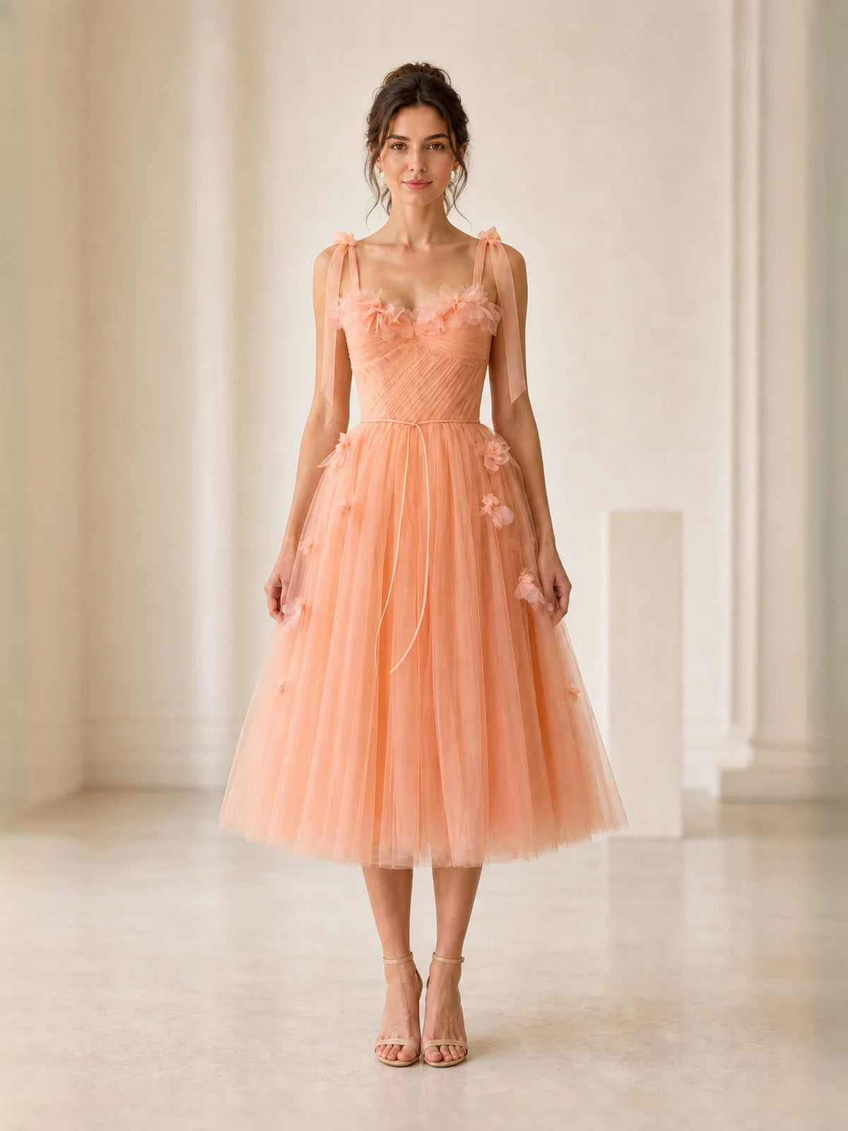 Orange midi prom dress, front view showing the a-line silhouette