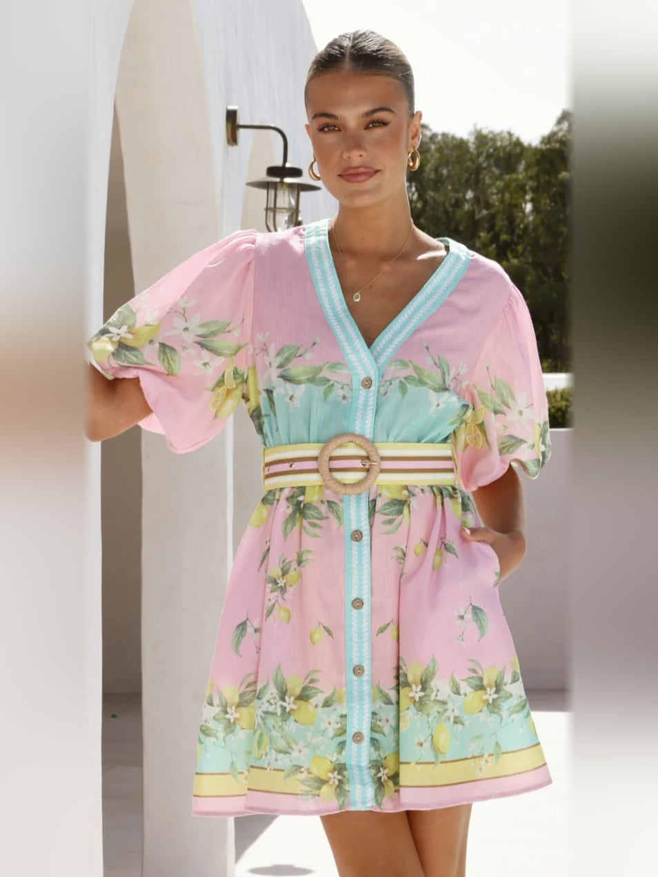 Rosé Lemonade mini homecoming dress, front view showing the silhouette