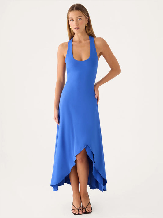 Cobalt midi formal dress, full-length front view