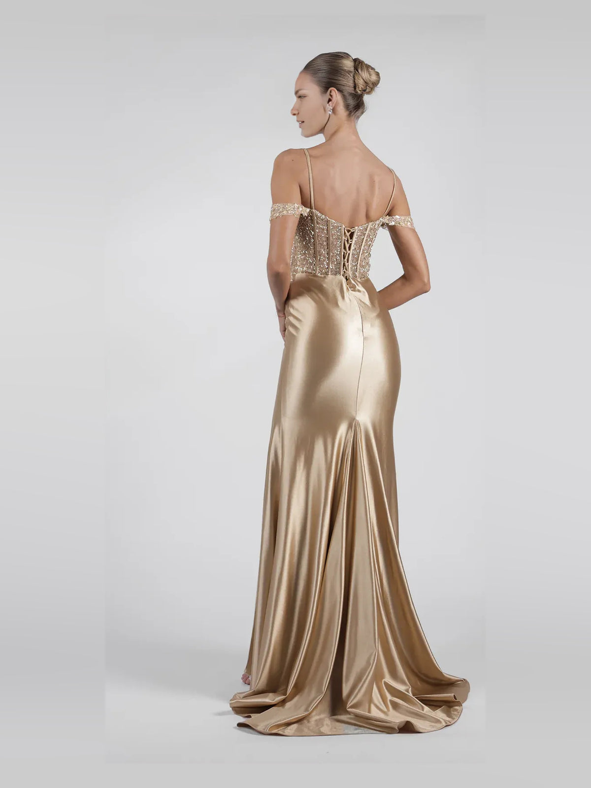 Champagne floor-length prom dress, front view showing the mermaid silhouette