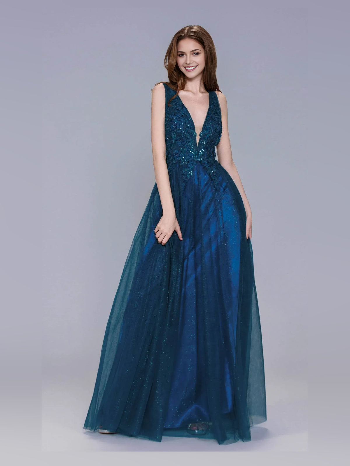 Ink Blue maxi prom dress, front view showing the a-line silhouette