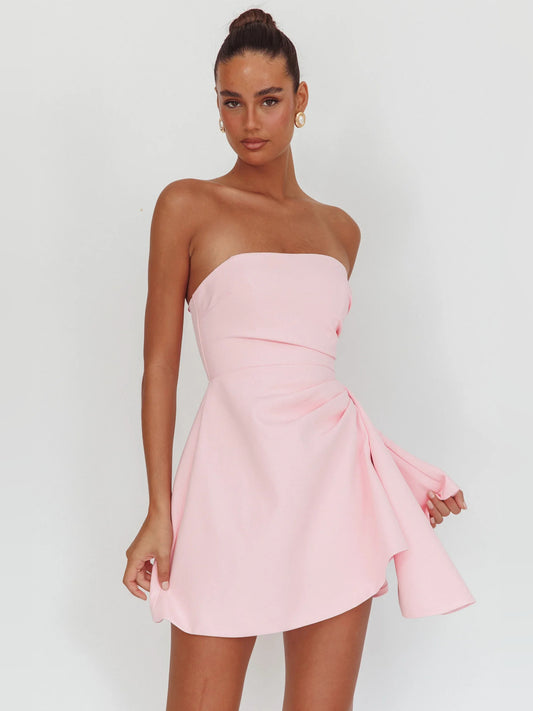Pink mini homecoming dress, front view showing the silhouette