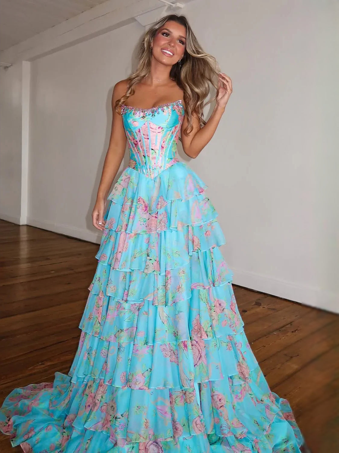 Aqua floor-length prom dress, front view showing the a-line silhouette