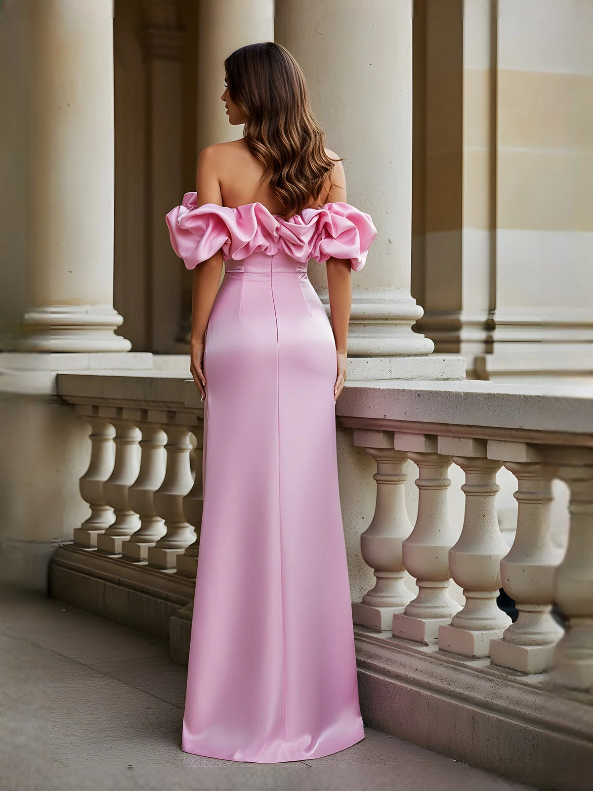 Blush Pink maxi prom dress, front view showing the mermaid silhouette