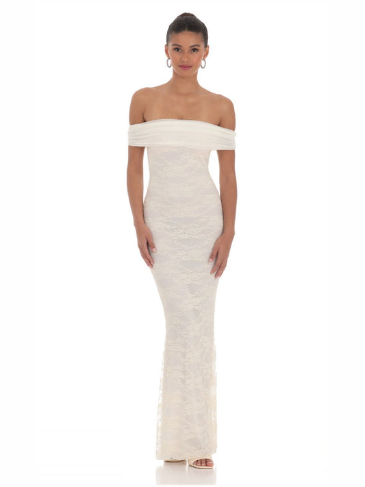 Cream sheath maxi formal dress with off-the-shoulder neckline, full-length front view