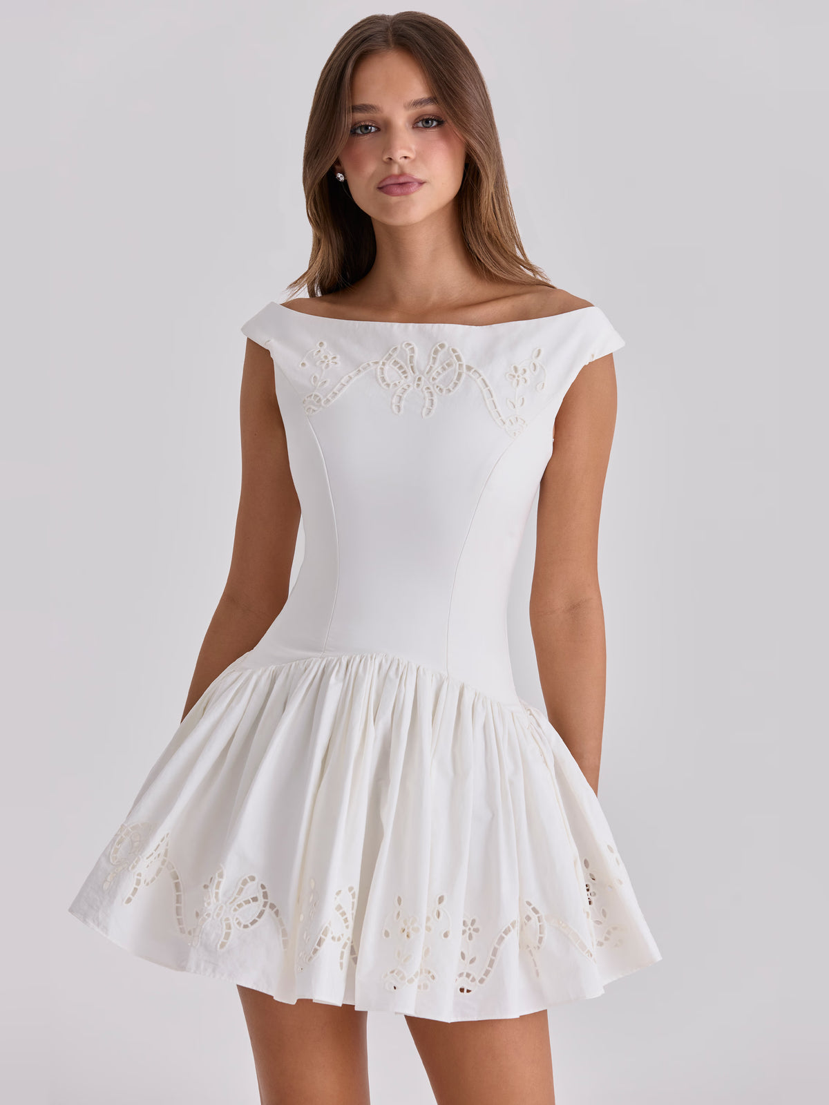 White mini homecoming dress, front view showing the silhouette
