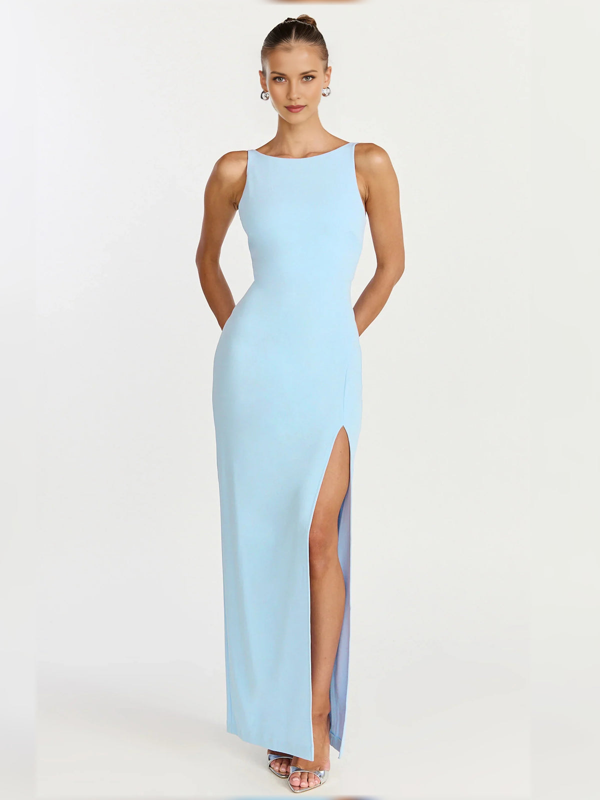 Light Blue sheath floor-length formal dress with skirt slit, full-length front view