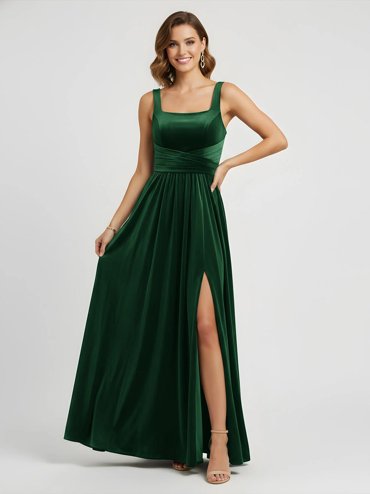 Dark Green a-line floor-length formal dress with square neckline, full-length front view