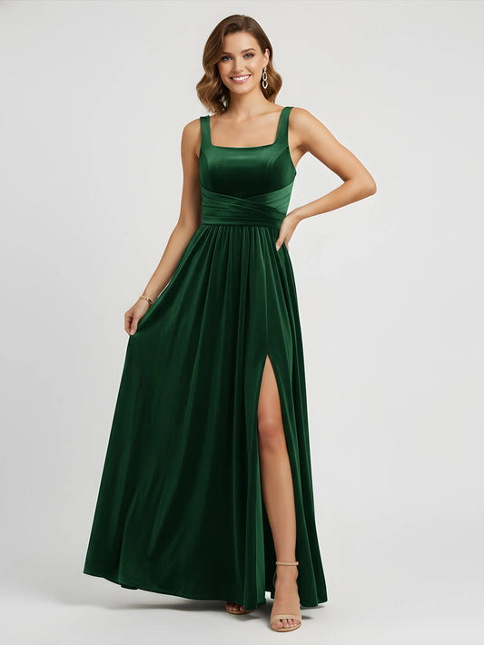Dark Green a-line floor-length formal dress with square neckline, full-length front view