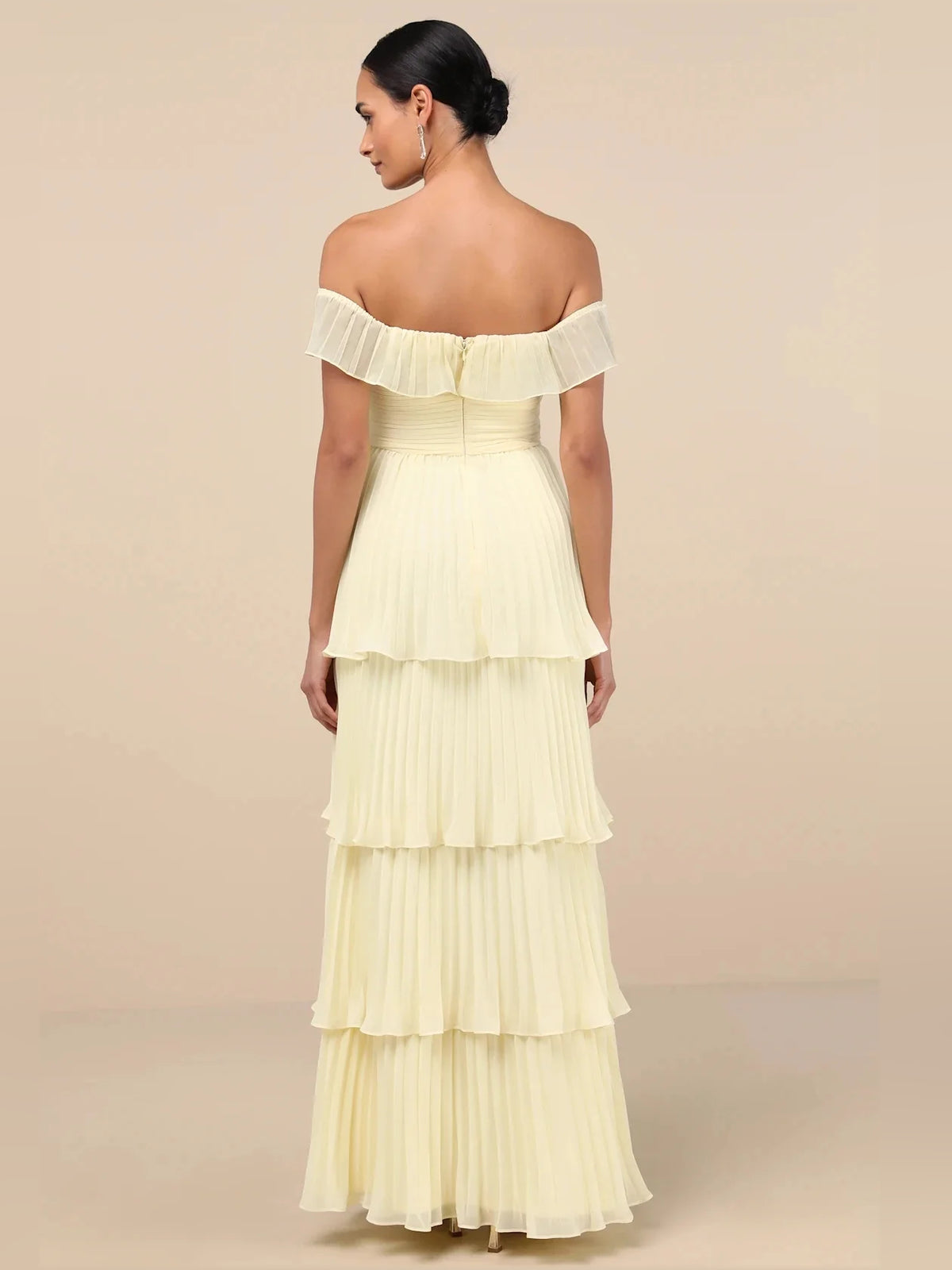 Pale Lemon maxi bridesmaid dress, front view showing the a-line silhouette