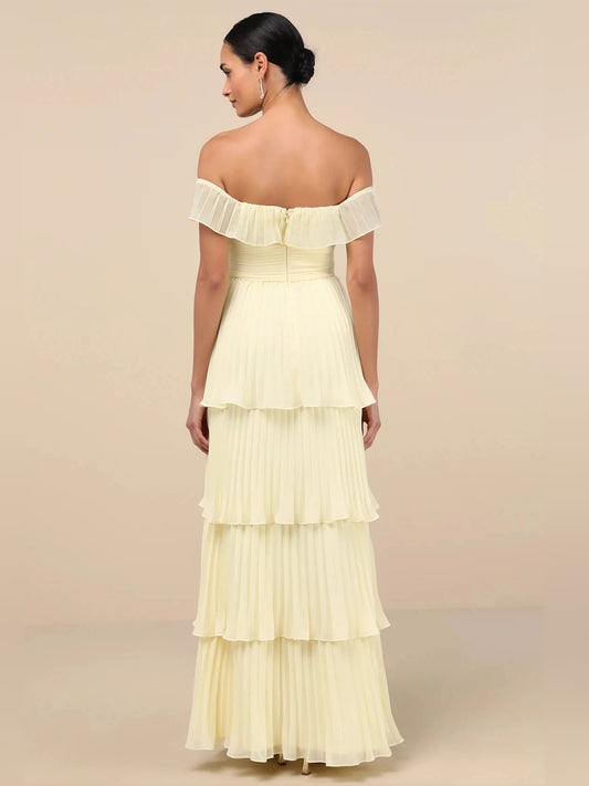 Pale Lemon maxi bridesmaid dress, front view showing the a-line silhouette
