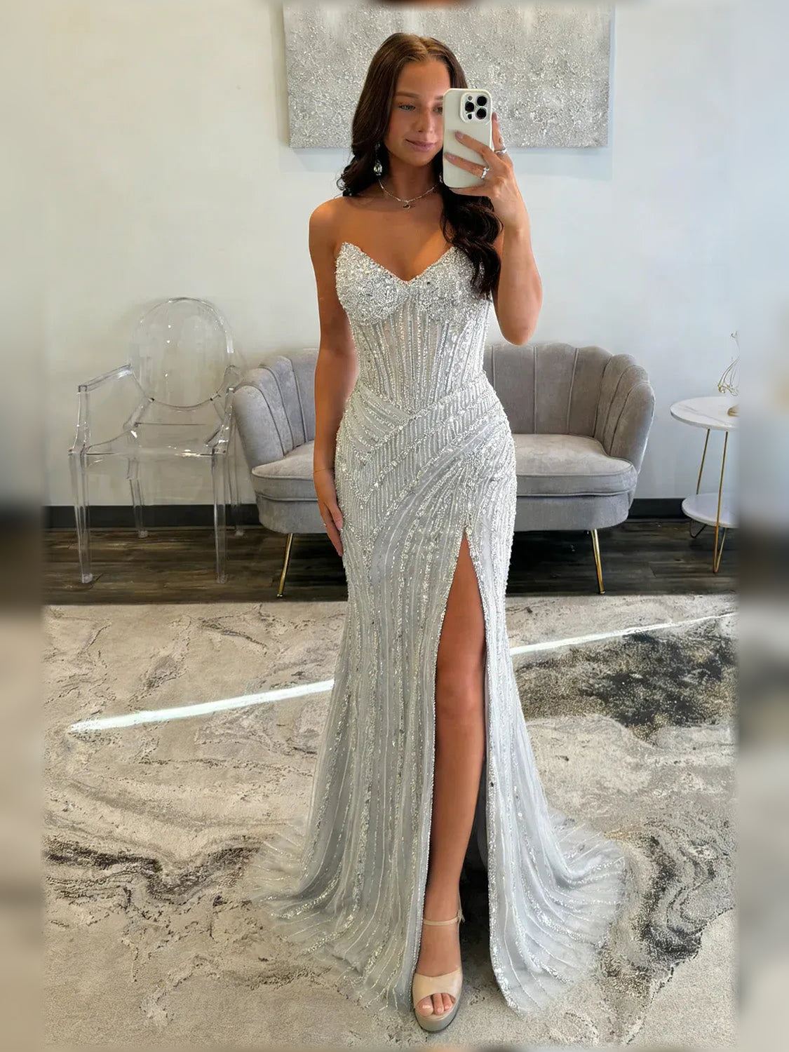 Silver mermaid floor-length formal dress with sweetheart neckline, full-length front view