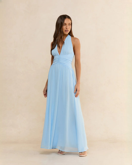 halter neck chiffon a-line maxi bridesmaid dress - image 1