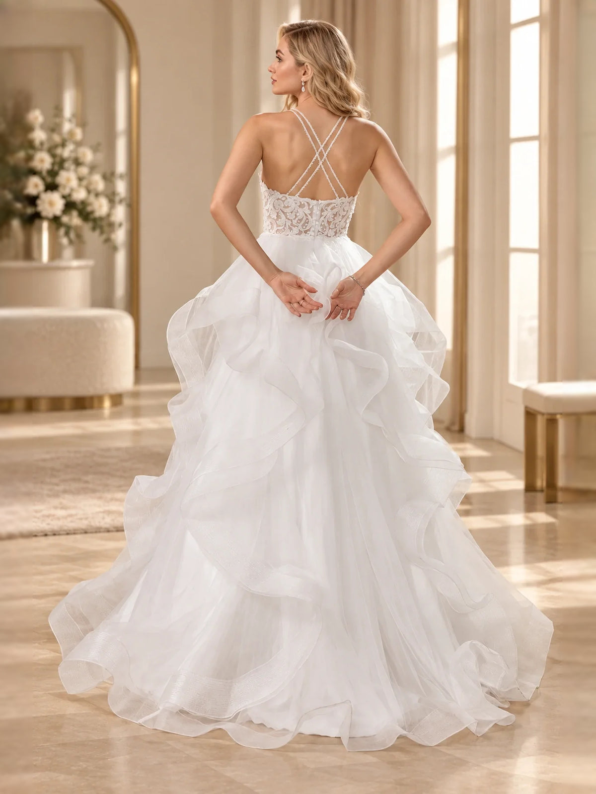 Ivory floor-length wedding dress, front view showing the a-line silhouette