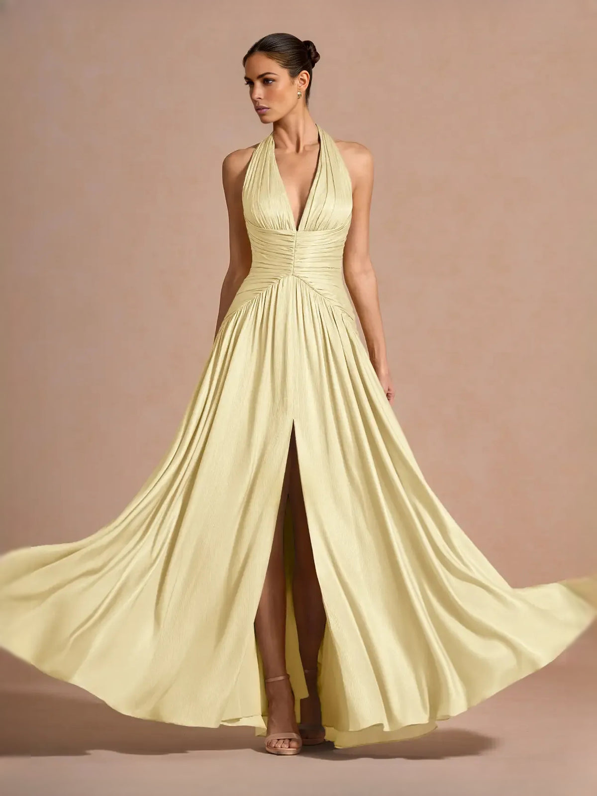 Pale Lemon maxi prom dress, front view showing the a-line silhouette