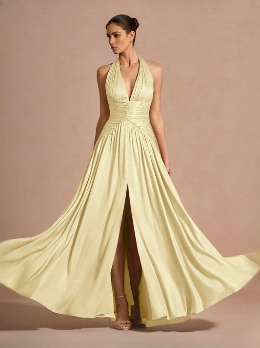 Pale Lemon maxi prom dress, front view showing the a-line silhouette