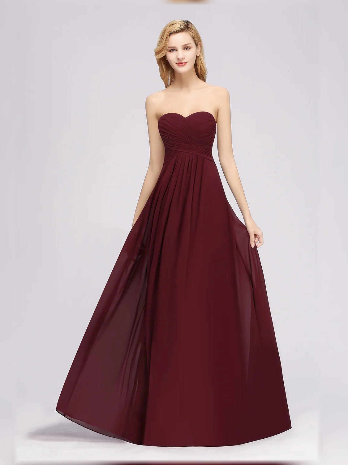 Burgundy floor-length bridesmaid dress, front view showing the a-line silhouette