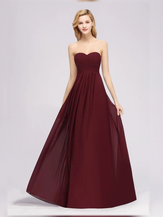 Burgundy floor-length bridesmaid dress, front view showing the a-line silhouette