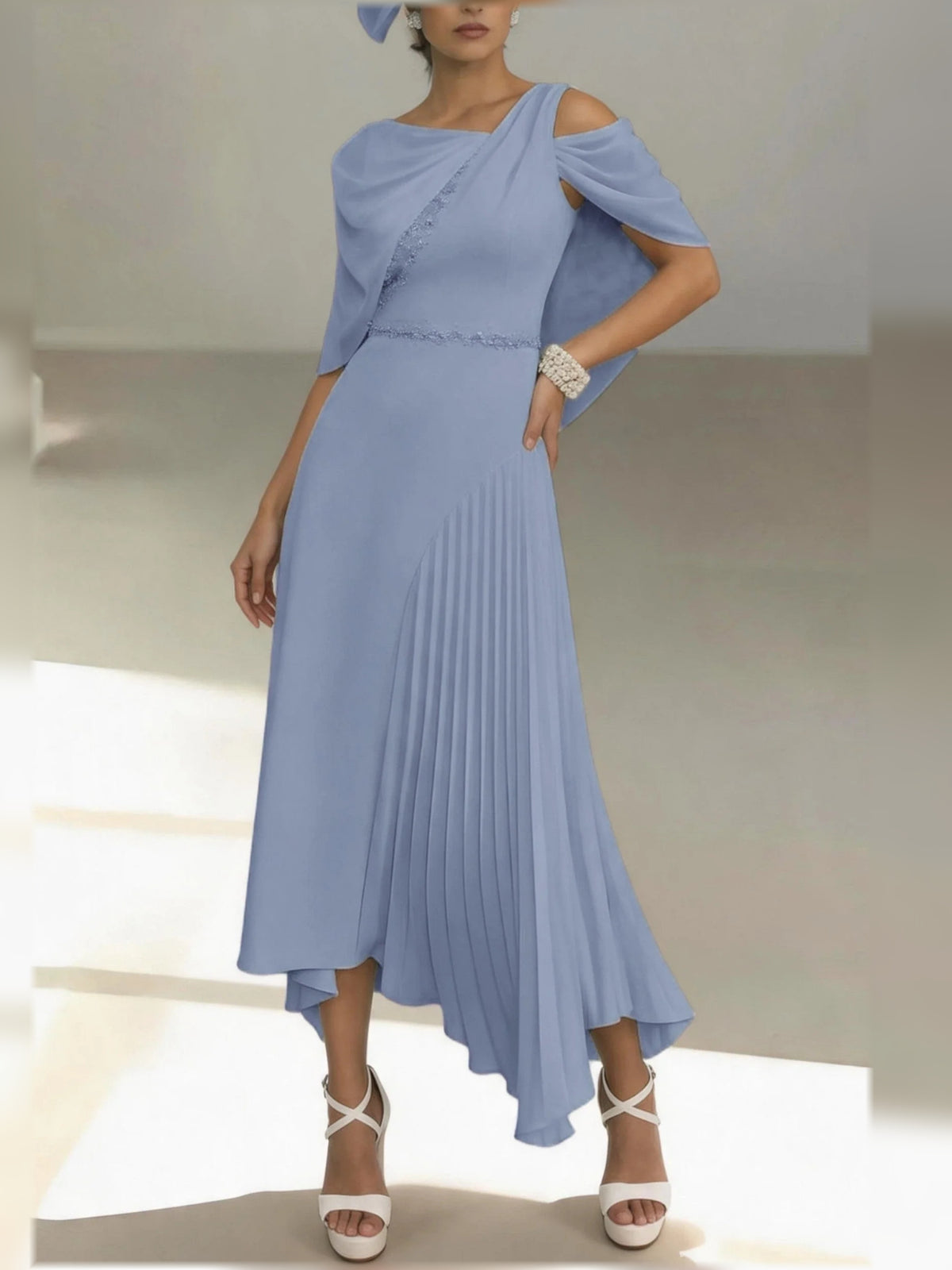 Dusty Blue midi mother of the bride dress, front view showing the a-line silhouette