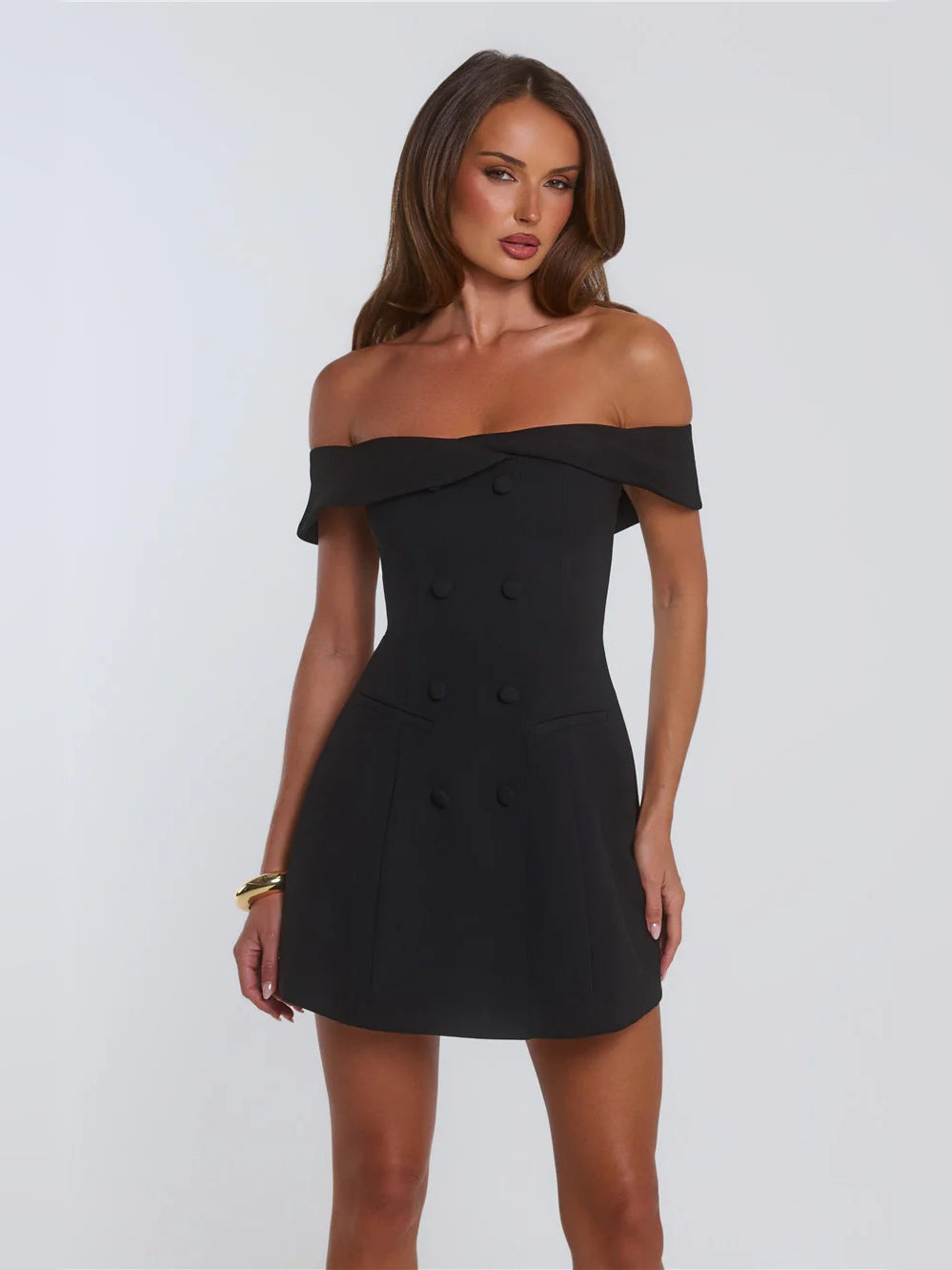 Black mini homecoming dress, front view showing the silhouette