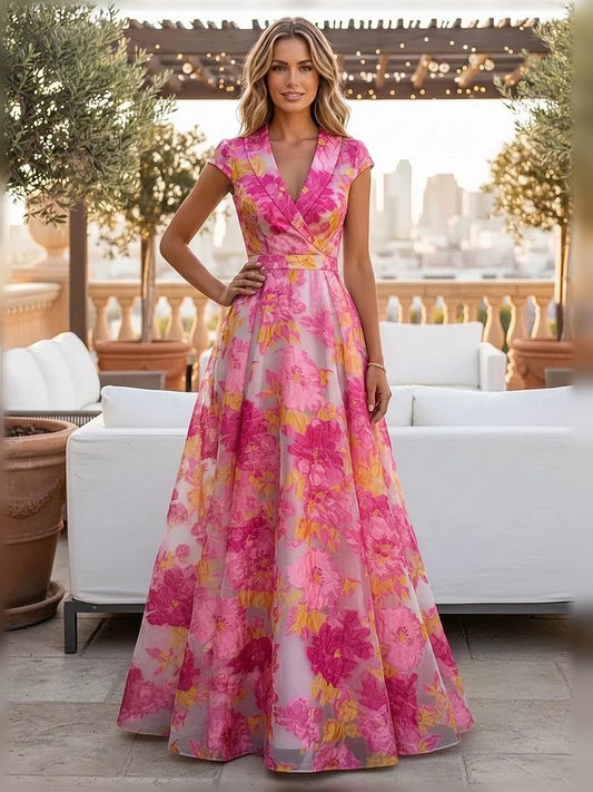 Hot Pink floor-length mother of the bride dress, front view showing the a-line silhouette