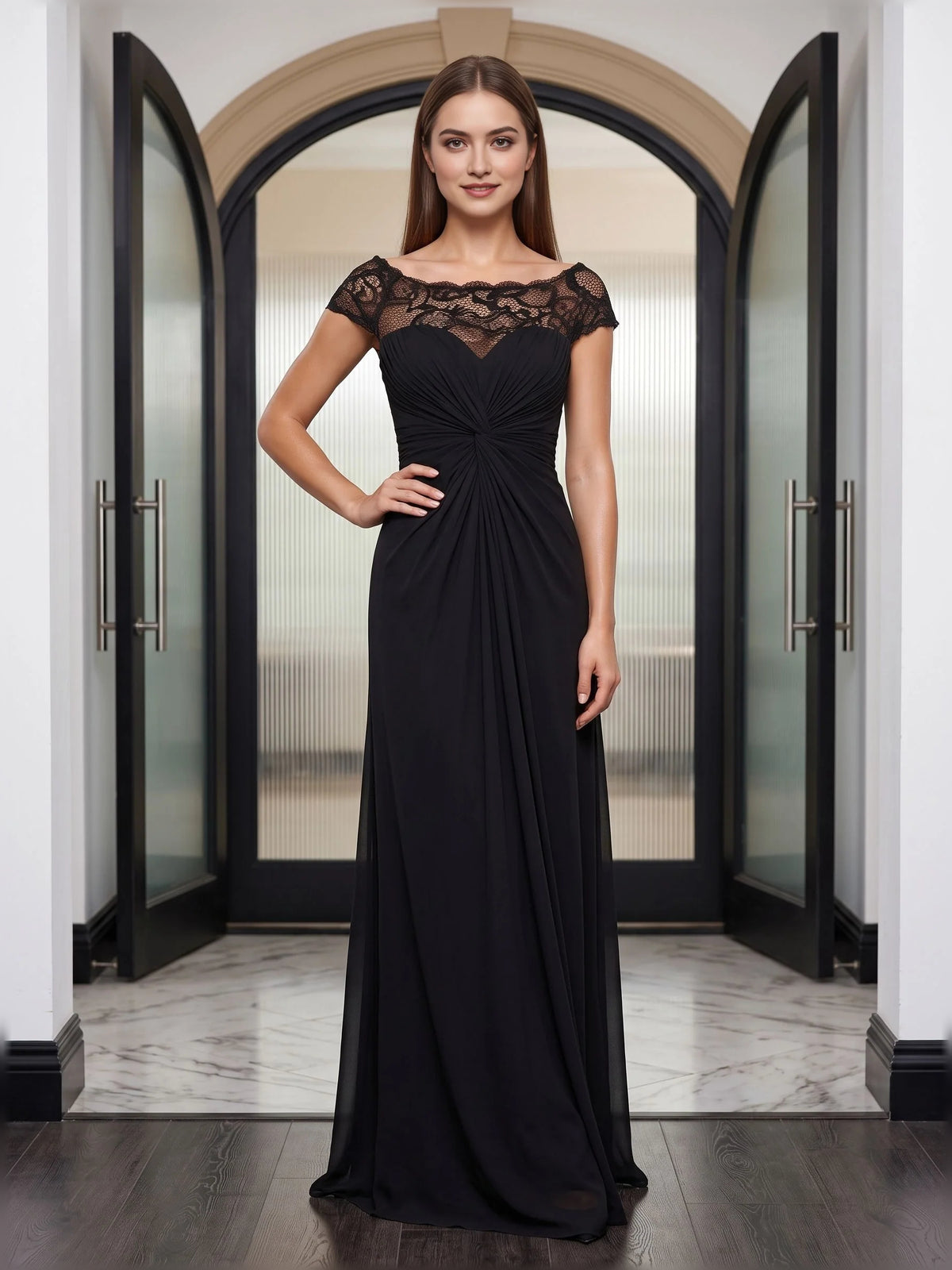 Black floor-length mother of the bride dress, front view showing the a-line silhouette