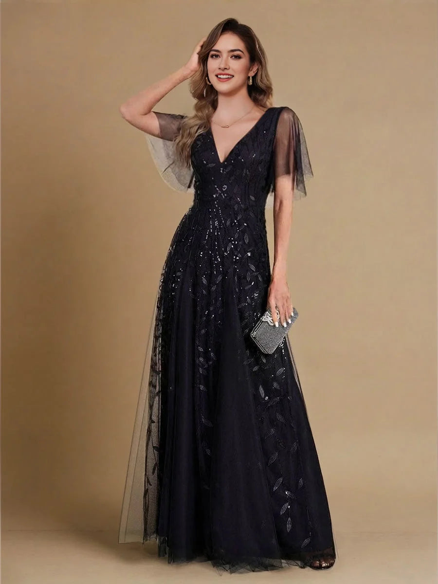 Black floor-length mother of the bride dress, front view showing the a-line silhouette