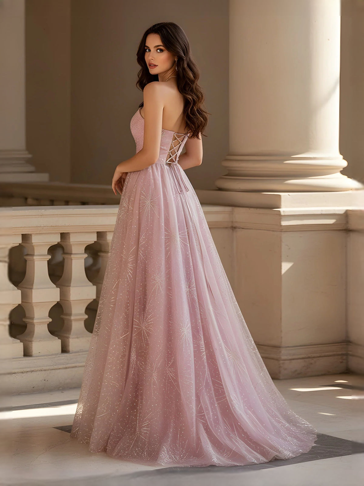 Dusty Rose maxi prom dress, front view showing the a-line silhouette