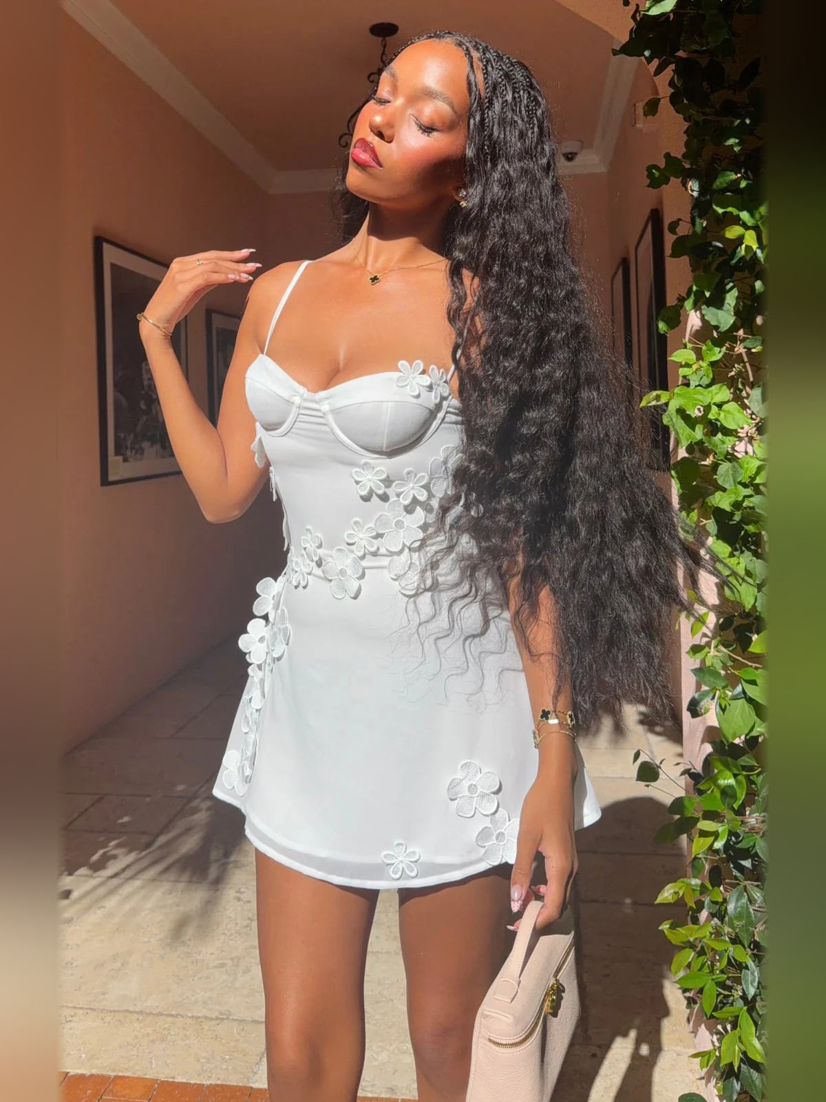 White mini homecoming dress, front view showing the silhouette