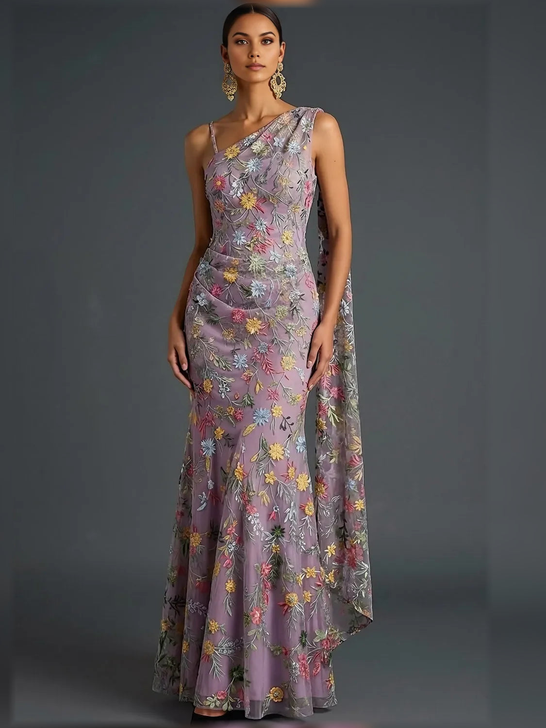 Mauve mermaid floor-length formal dress with one-shoulder neckline, full-length front view