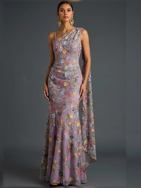 Mauve mermaid floor-length formal dress with one-shoulder neckline, full-length front view