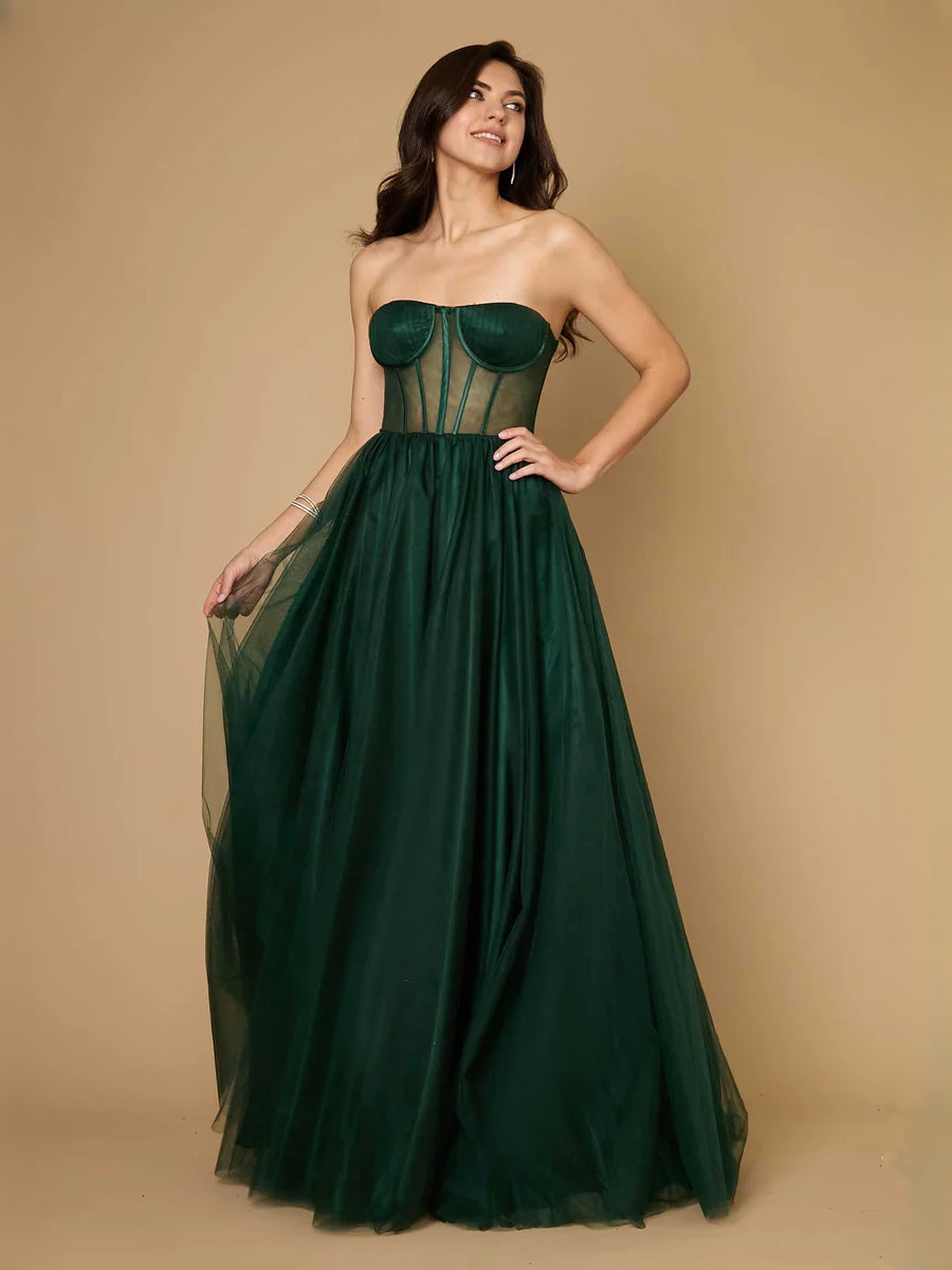 Dark Green floor-length prom dress, front view showing the a-line silhouette