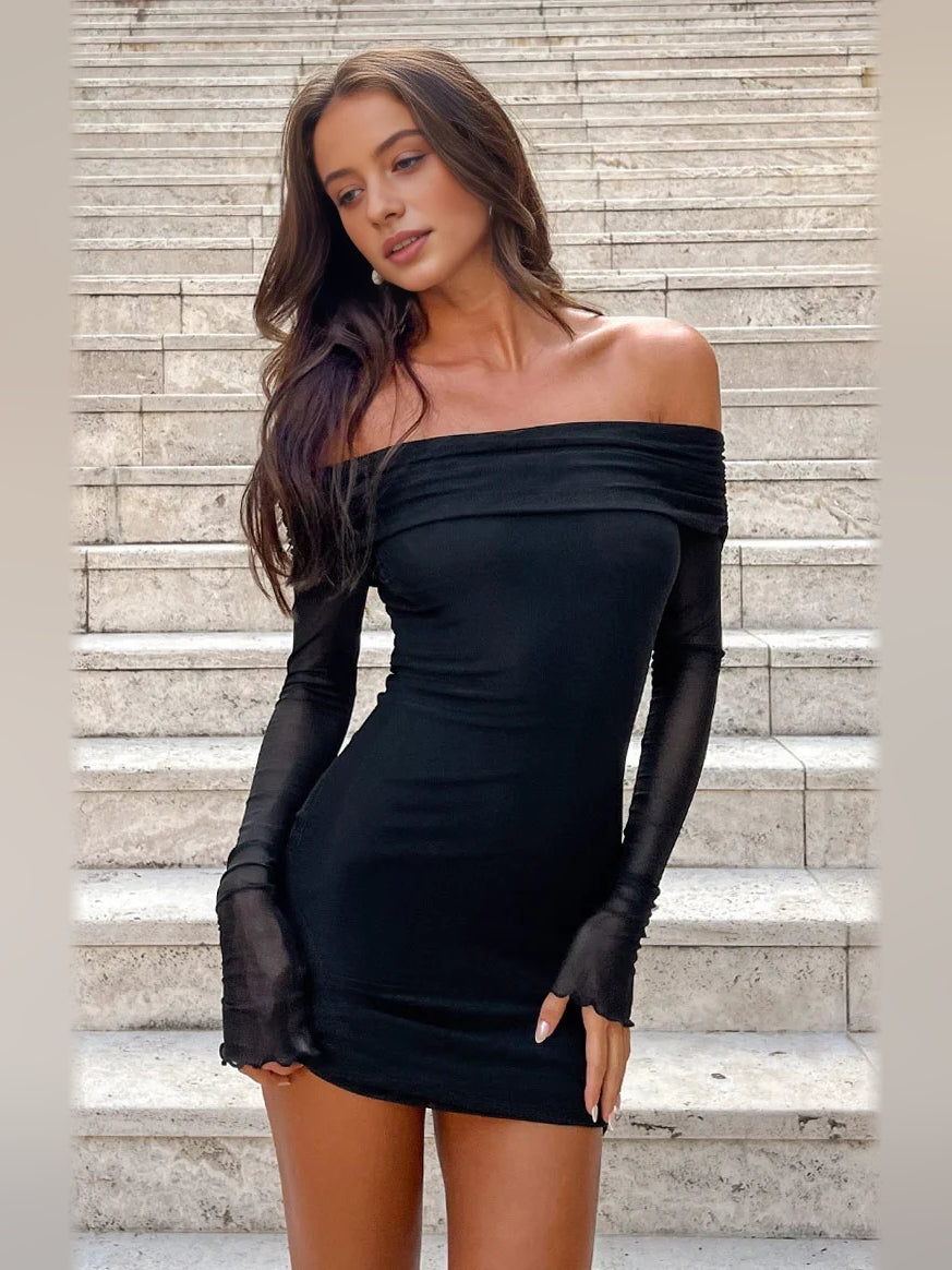 Black mini homecoming dress, alternate view showing the full-length silhouette
