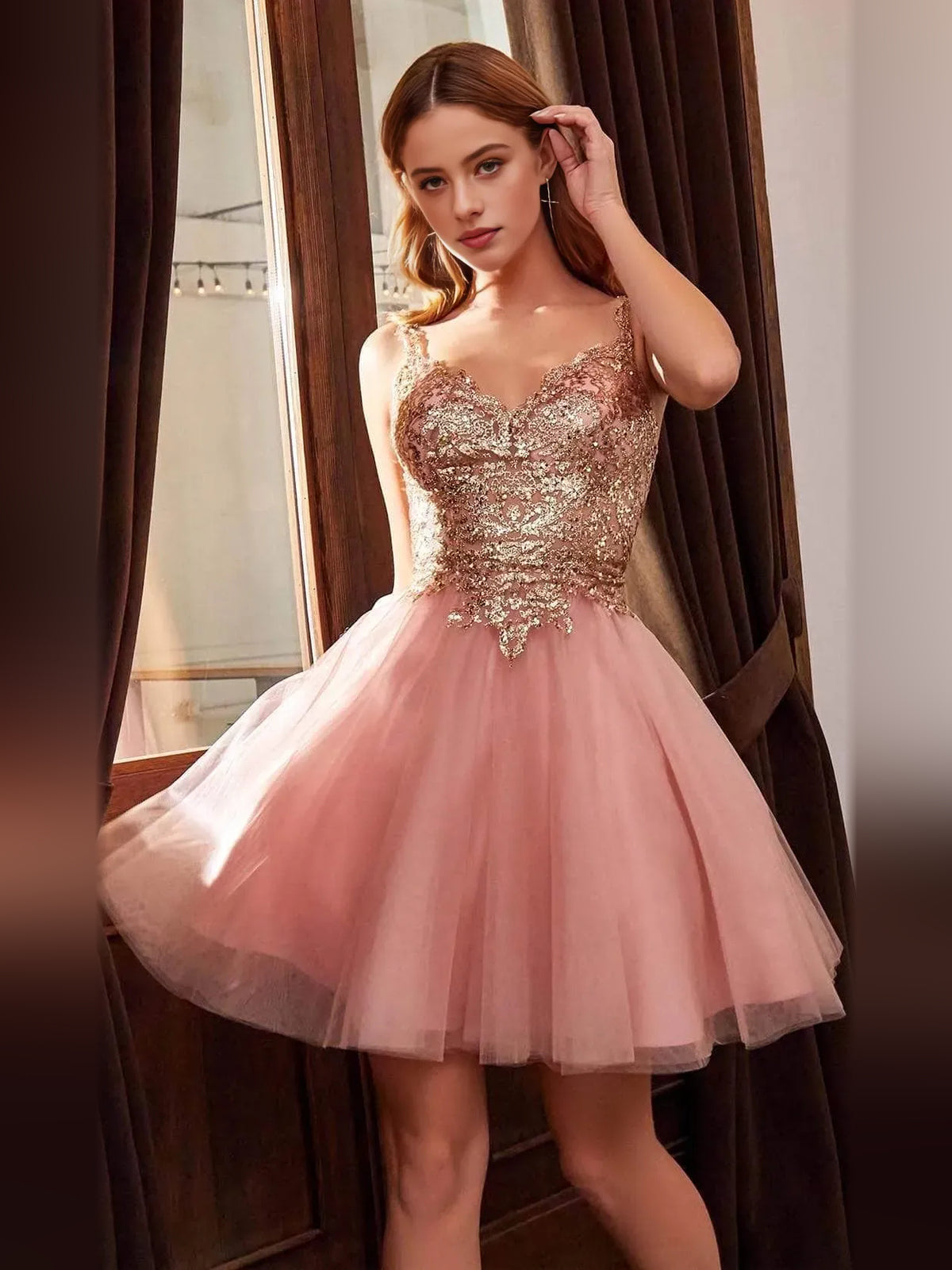 Dusty Rose mini homecoming dress, alternate view showing the full-length silhouette