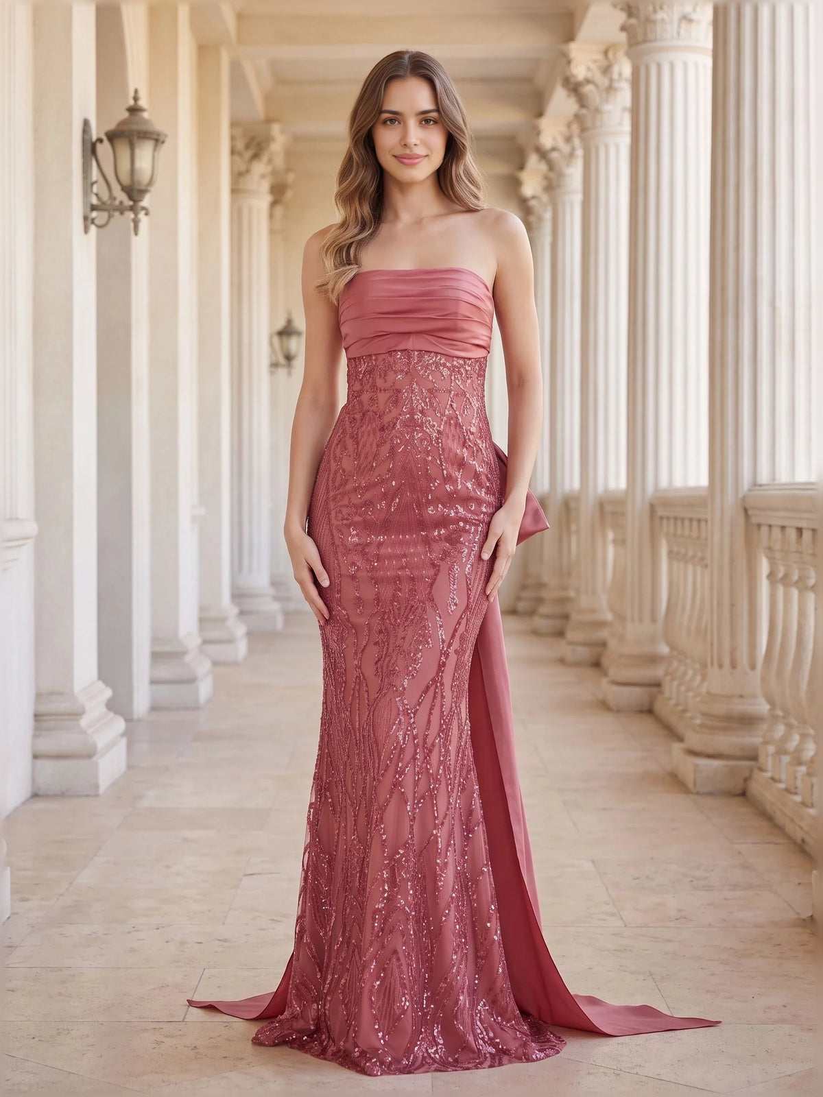 Dusty Rose mermaid floor-length formal dress with strapless neckline, full-length front view