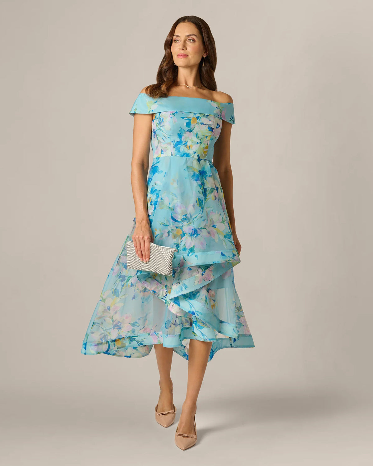 off-shoulder a-line midi mother of the bride dress - image 1