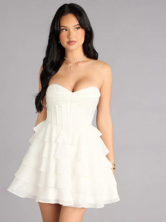 Ivory mini homecoming dress, alternate view showing the full-length silhouette